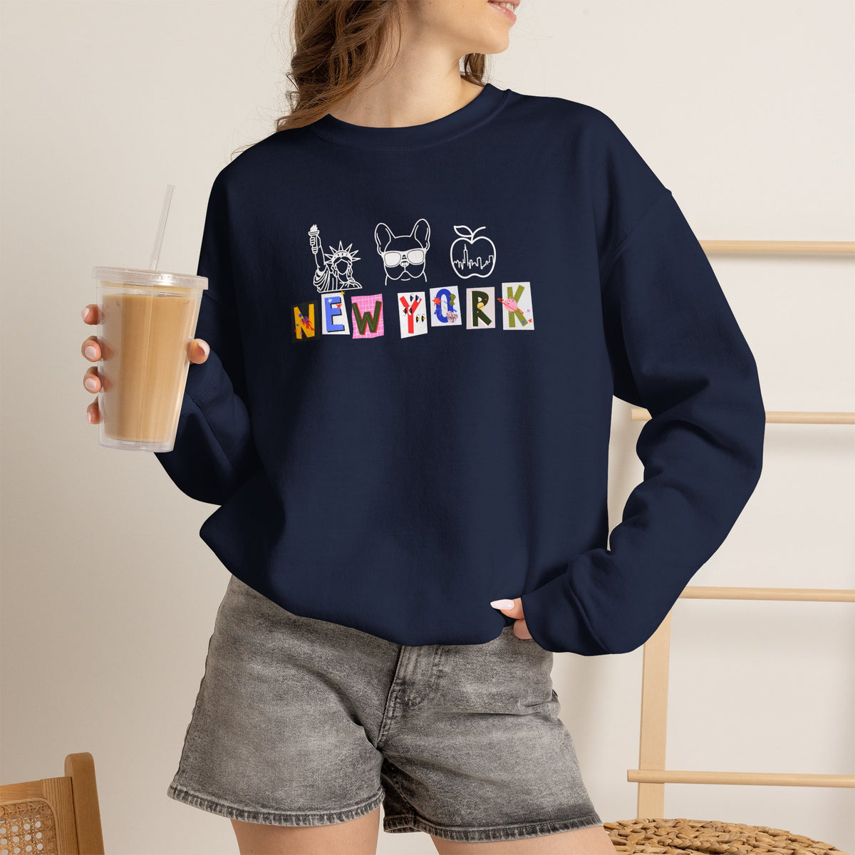 New York Collage Sweatshirt, French Bulldog Statue of Liberty Graphic Pullover