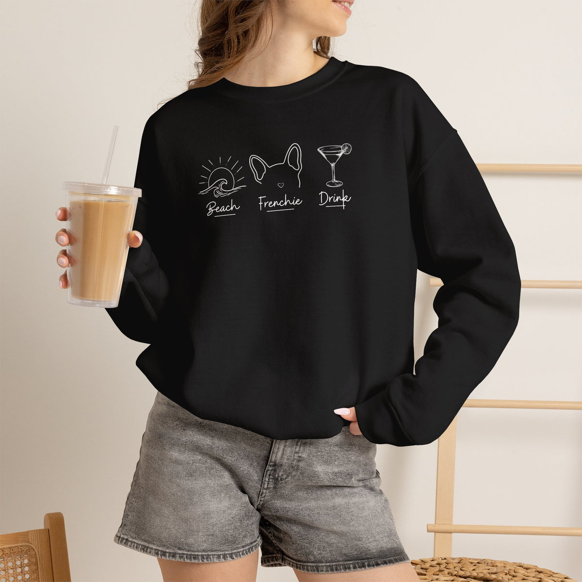 Beach Frenchie Drink Sweatshirt, Minimalist French Bulldog Crewneck, Summer Vacation Graphic Pullover