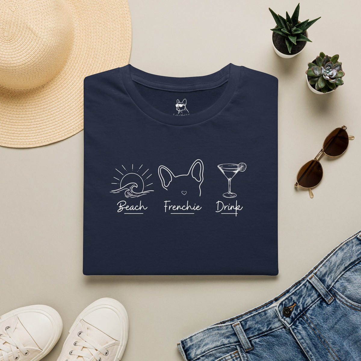 Minimalist Frenchie Beach Drink Tee, Summer Dog Mom Vacation Top