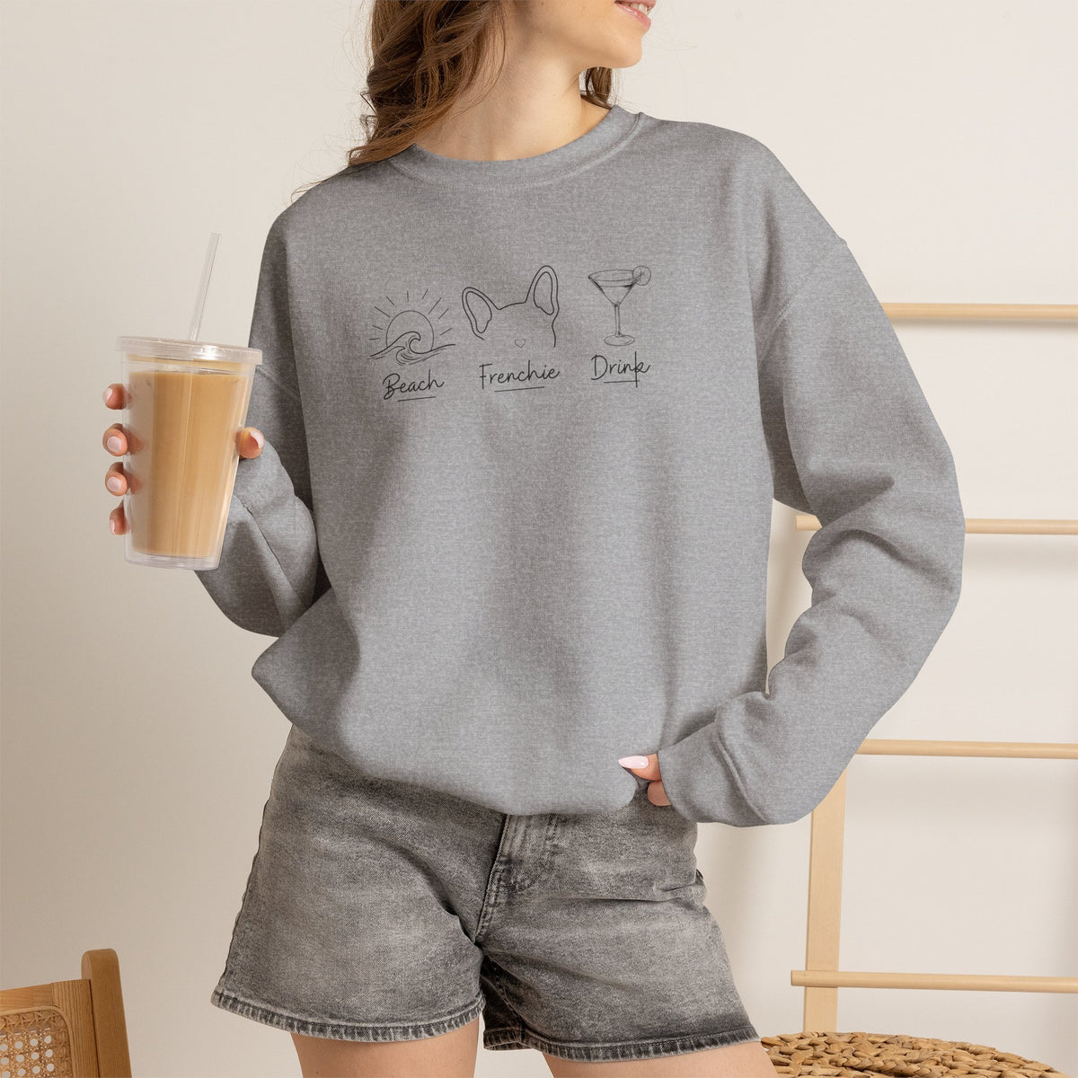 Beach Frenchie Drink Sweatshirt, Minimalist French Bulldog Crewneck, Summer Vacation Graphic Pullover