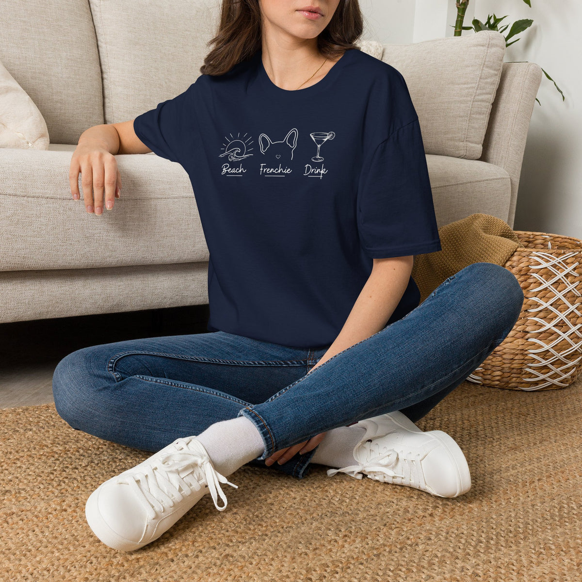 Minimalist Frenchie Beach Drink Tee, Summer Dog Mom Vacation Top