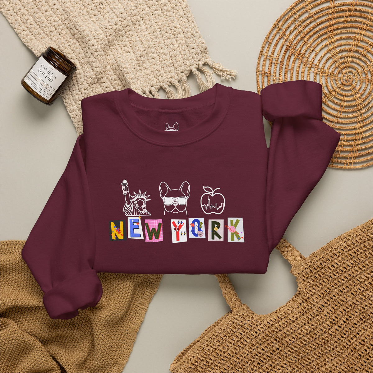 New York Collage Sweatshirt, French Bulldog Statue of Liberty Graphic Pullover