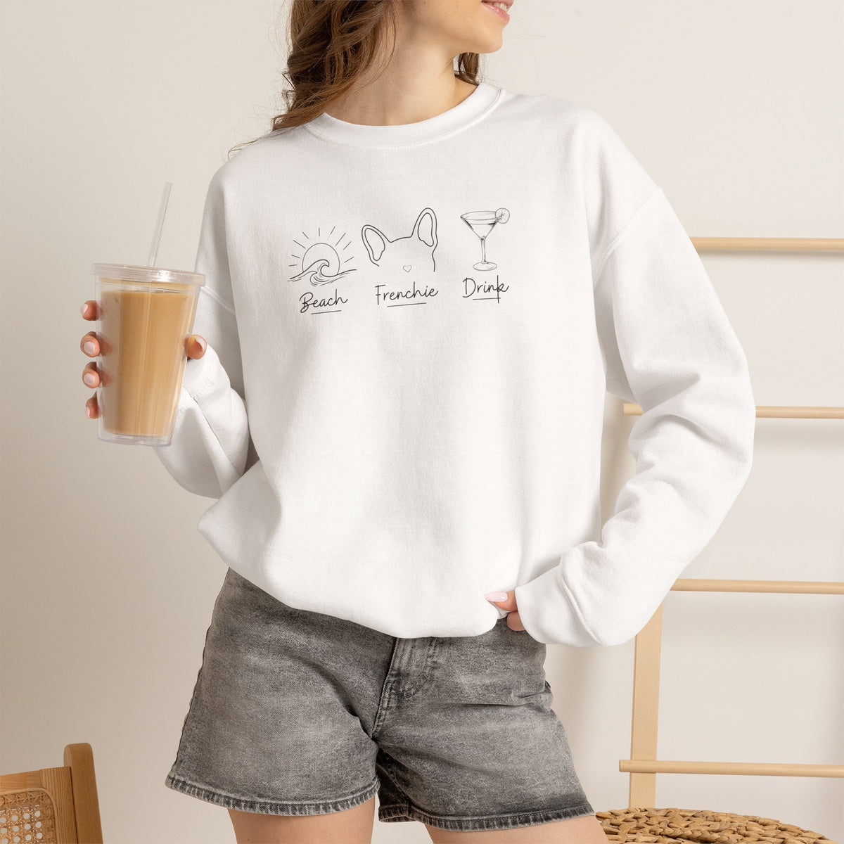 Beach Frenchie Drink Sweatshirt, Minimalist French Bulldog Crewneck, Summer Vacation Graphic Pullover