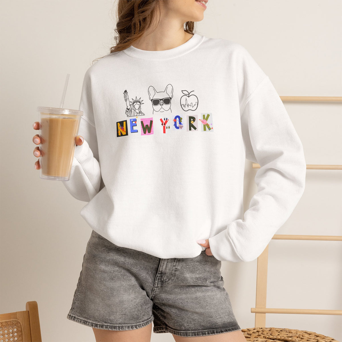 New York Collage Sweatshirt, French Bulldog Statue of Liberty Graphic Pullover