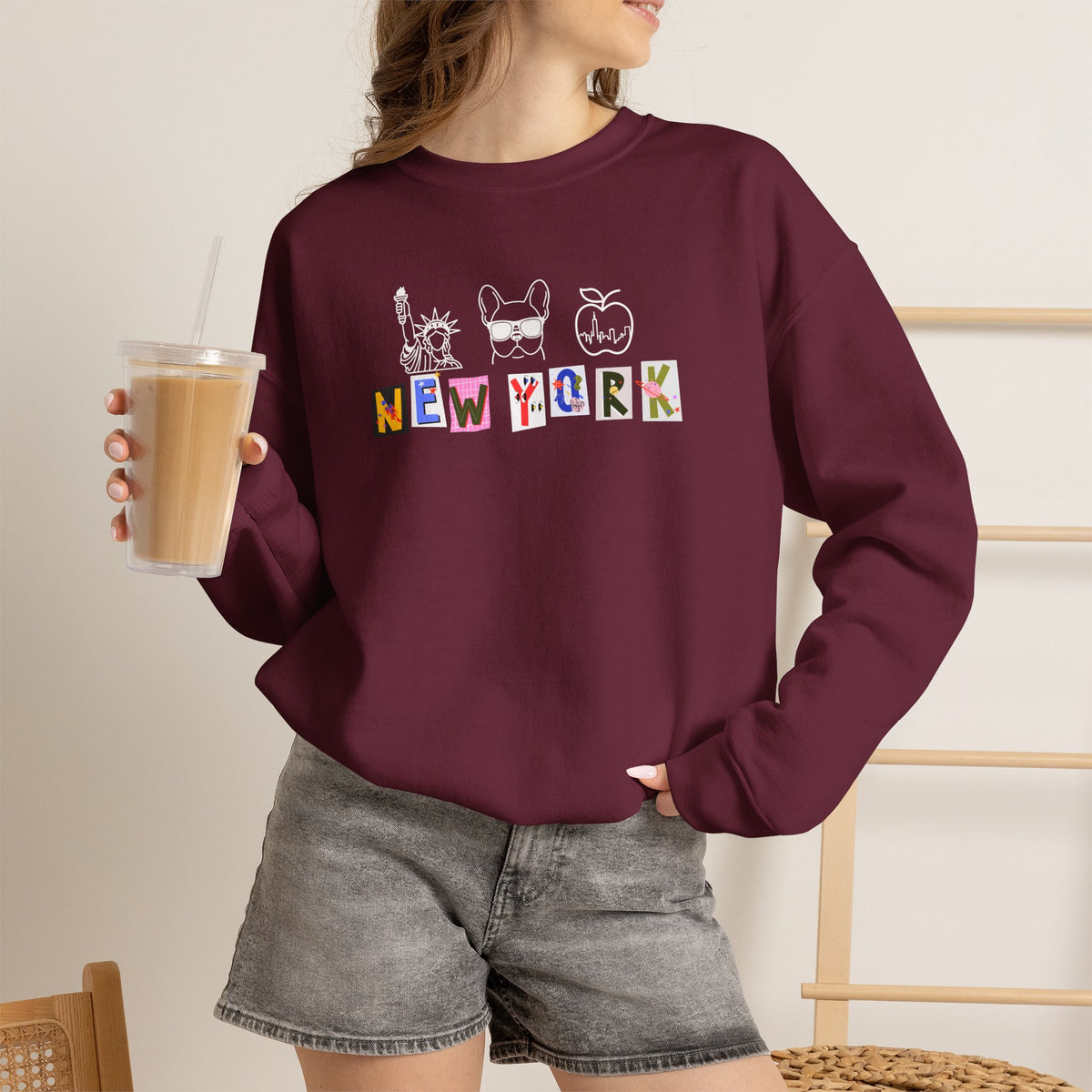New York Collage Sweatshirt, French Bulldog Statue of Liberty Graphic Pullover