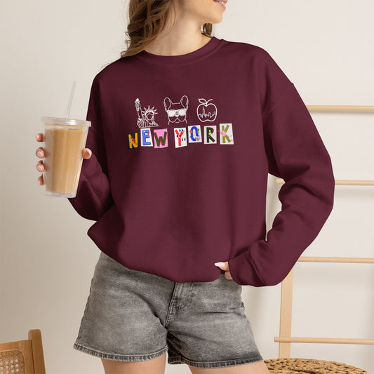 New York Collage Sweatshirt, French Bulldog Statue of Liberty Graphic Pullover