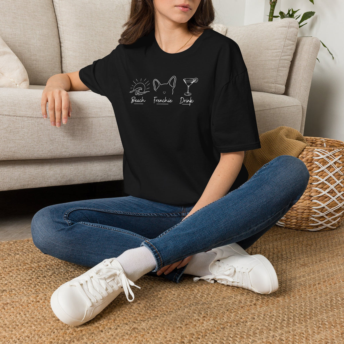Minimalist Frenchie Beach Drink Tee, Summer Dog Mom Vacation Top