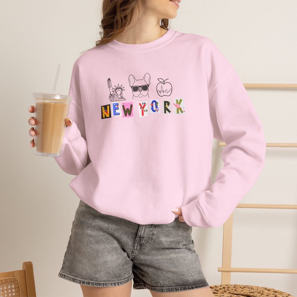 New York Collage Sweatshirt, French Bulldog Statue of Liberty Graphic Pullover