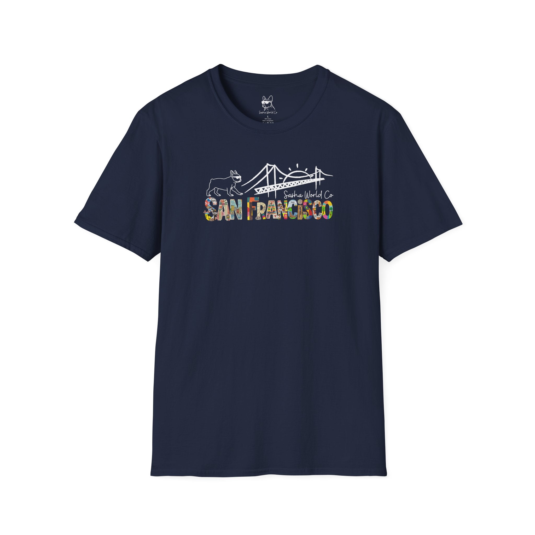 San Francisco Shirt, Golden Gate Bridge Collage Tee, French Bulldog Graphic Top, Vintage California City Gift