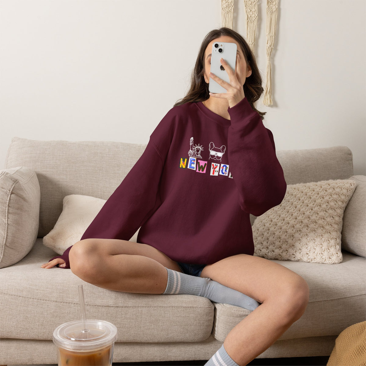 New York Collage Sweatshirt, French Bulldog Statue of Liberty Graphic Pullover