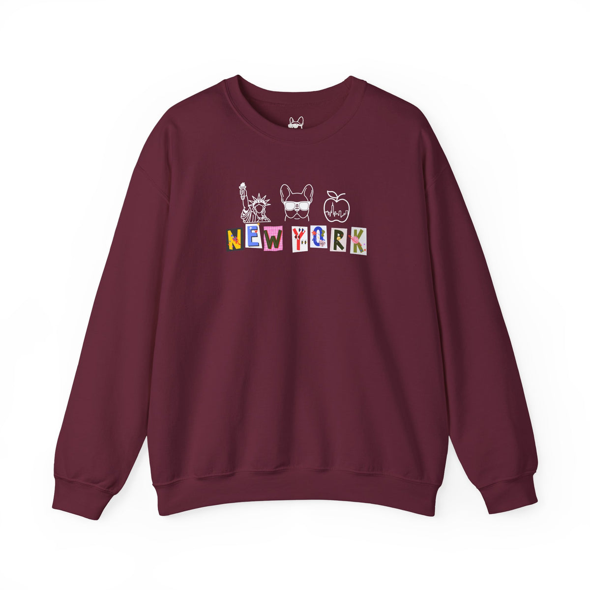 New York Collage Sweatshirt, French Bulldog Statue of Liberty Graphic Pullover