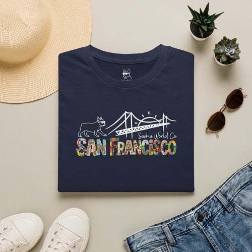 San Francisco Shirt, Golden Gate Bridge Collage Tee, French Bulldog Graphic Top, Vintage California City Gift