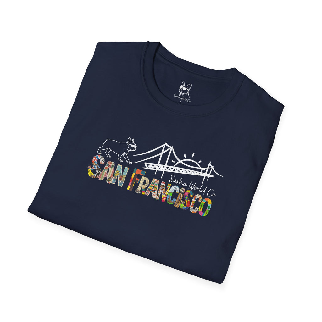 San Francisco Shirt, Golden Gate Bridge Collage Tee, French Bulldog Graphic Top, Vintage California City Gift
