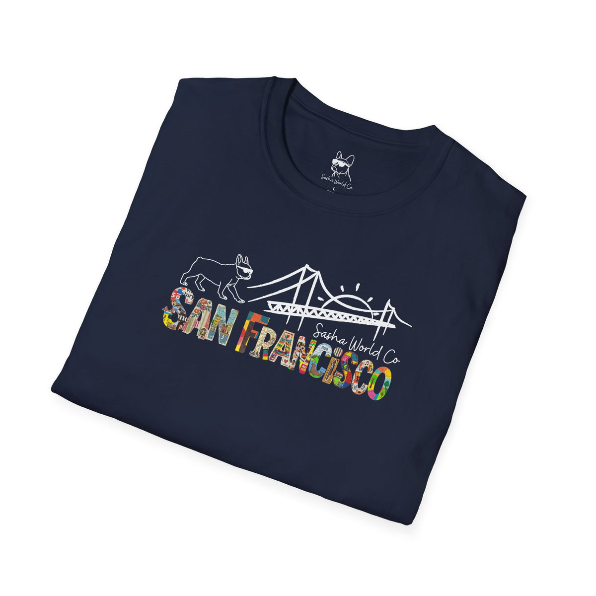 San Francisco Shirt, Golden Gate Bridge Collage Tee, French Bulldog Graphic Top, Vintage California City Gift