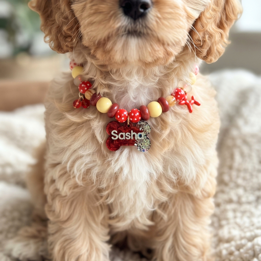 Cherry Red Personalized Beaded Dog Collar with Custom Name Bone Tag