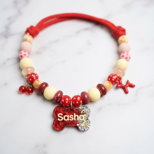Cherry Red Personalized Beaded Dog Collar with Custom Name Bone Tag