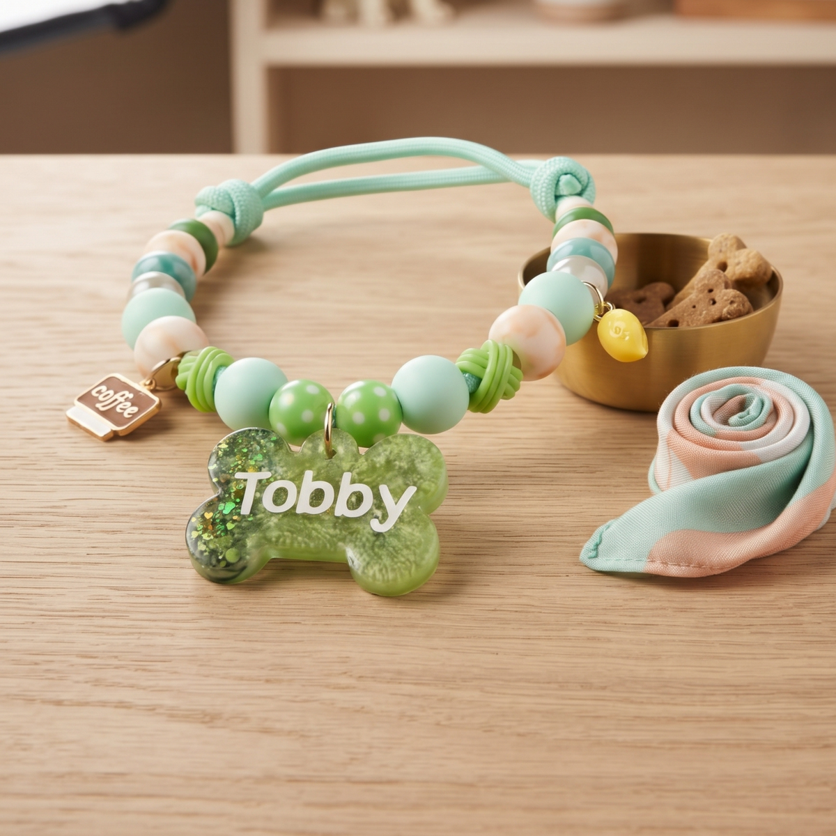 Matcha Latte Personalized Beaded Dog Collar with Custom Name Tag