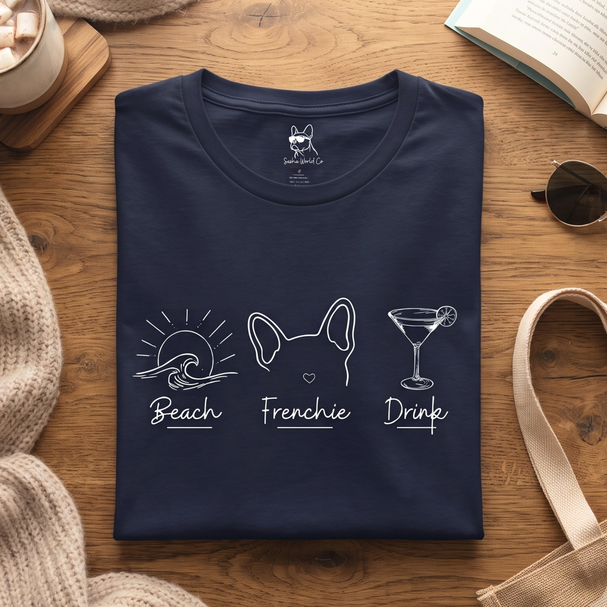 Minimalist Frenchie Beach Drink Tee, Summer Dog Mom Vacation Top