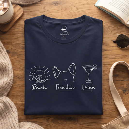 Minimalist Frenchie Beach Drink Tee, Summer Dog Mom Vacation Top