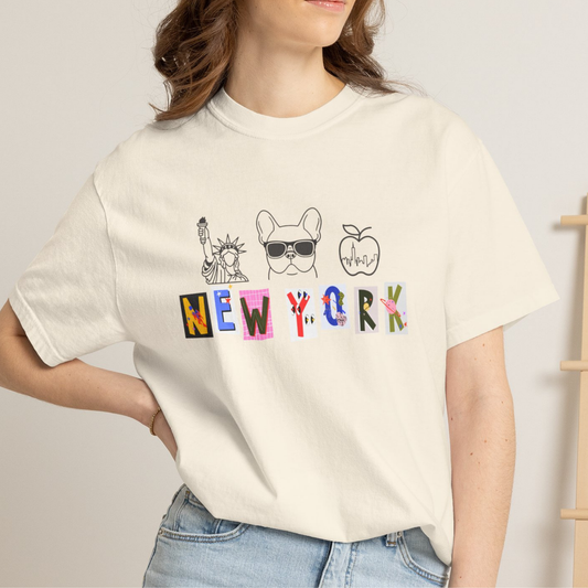 New York City Skyline Graphic Tee, Statue of Liberty Frenchie Shirt, Summer Top