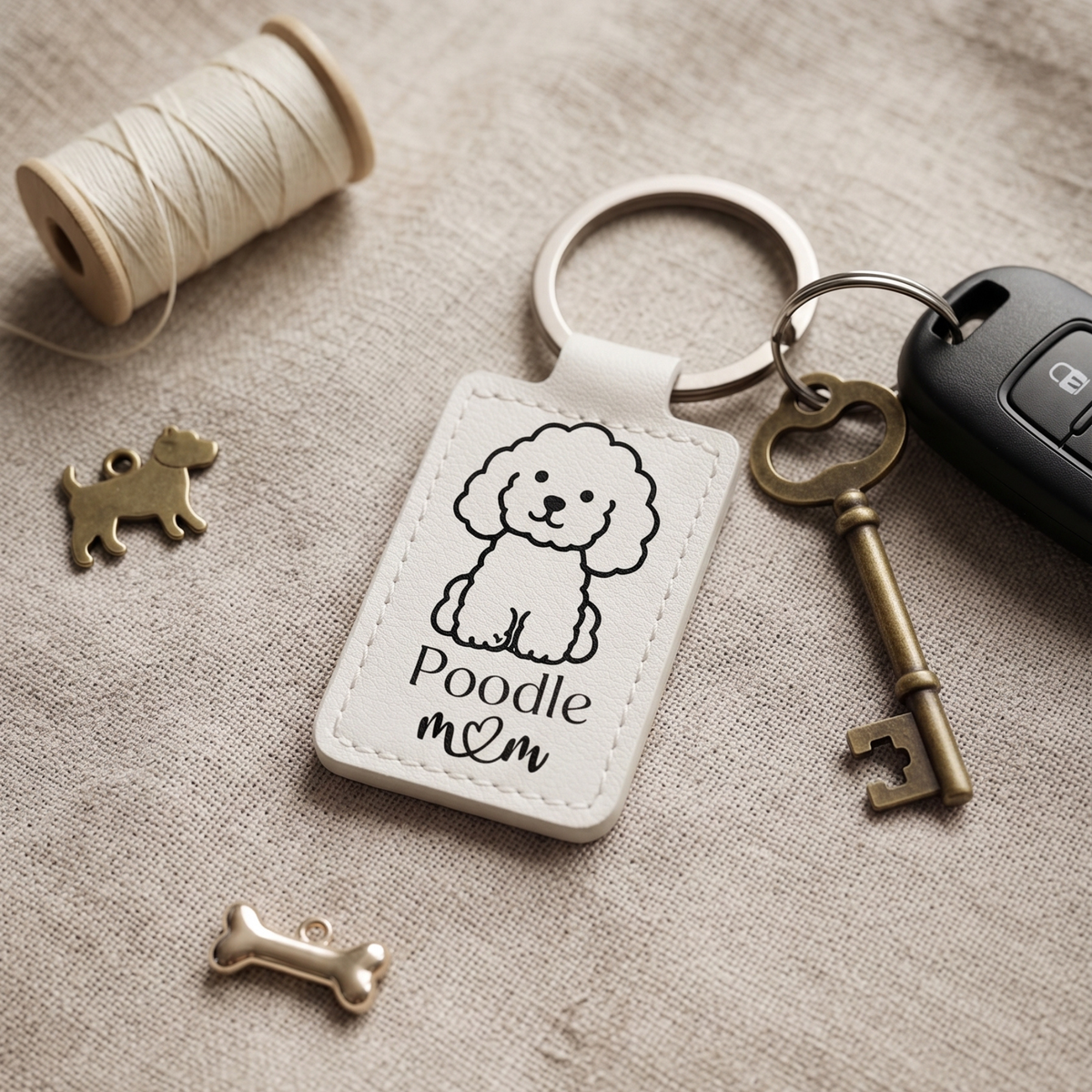 Poodle Keychain Personalized, Custom Pet Name Faux Leather Tag, Two Sided Accessory