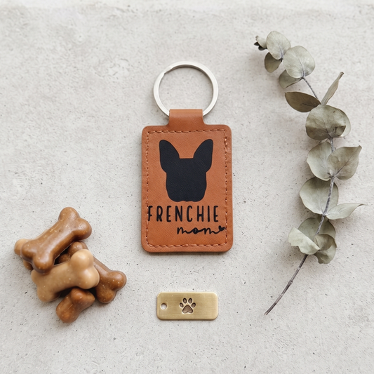 Frenchie Keychain Personalized, Custom Pet Name Faux Leather Tag, Two Sided Accessory