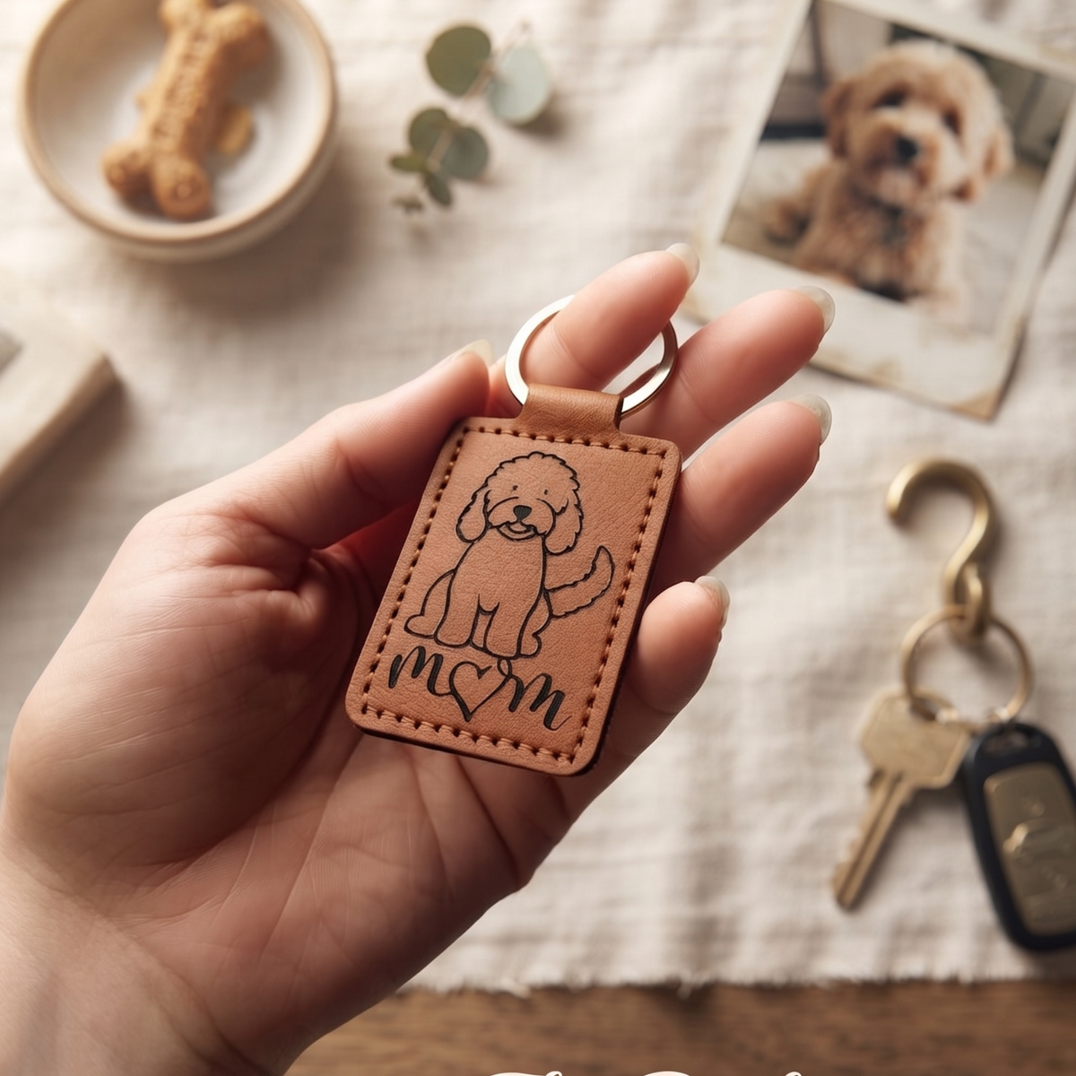 Goldendoodle Keychain Personalized, Custom Pet Name Faux Leather Tag, Two Sided Accessory