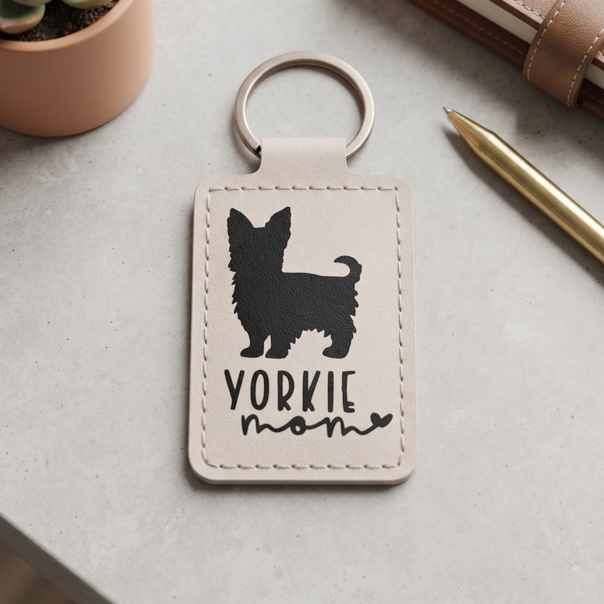 Yorkie Keychain Personalized, Custom Pet Name Faux Leather Tag, Two Sided Accessory