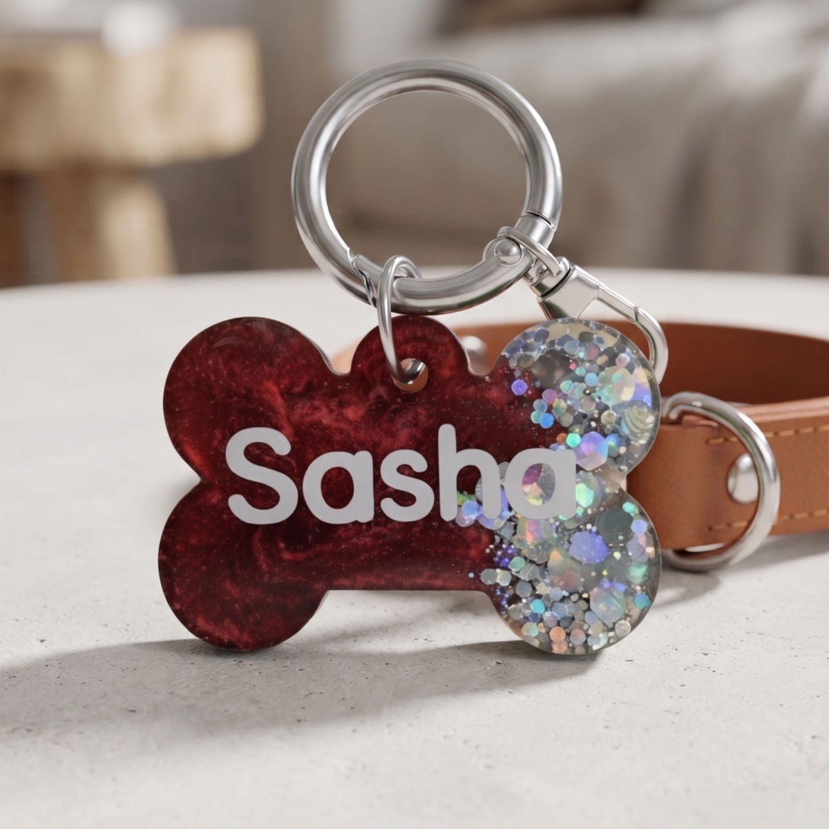 Personalized Glitter Marble Resin Dog Tag, Custom Pet Name Collar Charm (Double-Sided)
