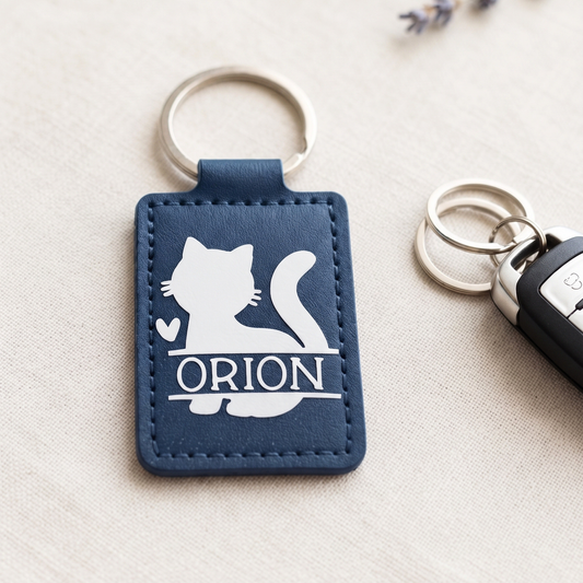 Personalized Cat Keychain Faux Leather, Custom Pet Name Silhouette Accessory