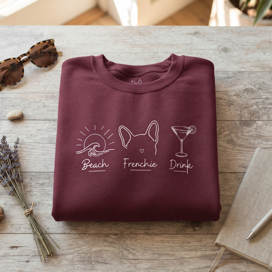 Beach Frenchie Drink Sweatshirt, Minimalist French Bulldog Crewneck, Summer Vacation Graphic Pullover