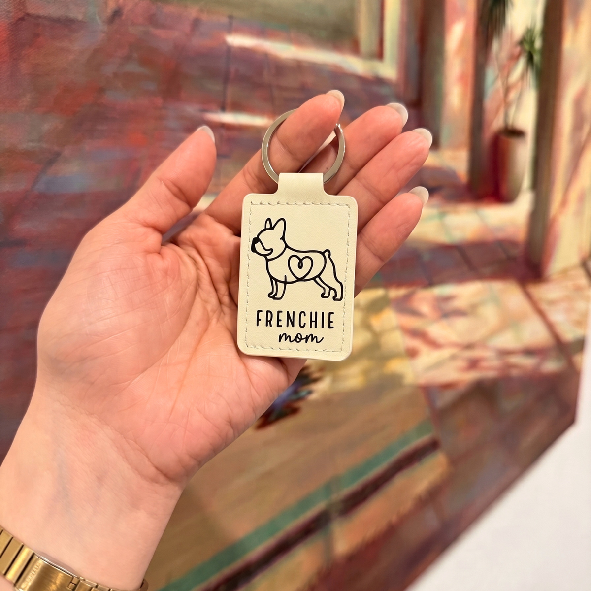 Personalized Frenchie Mom Keychain, Custom Pet Name Faux Leather Tag (Double-Sided)