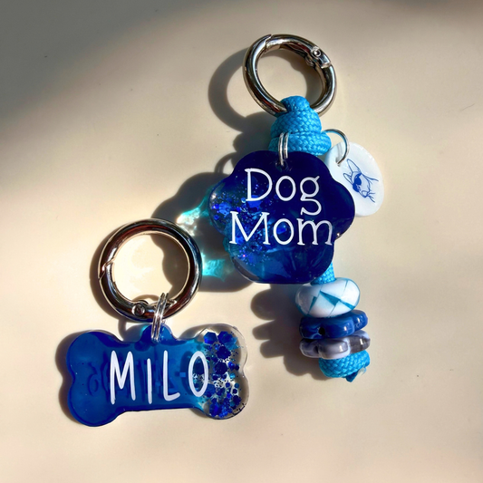 Dog Tag And Keychain Set, Matching Pet Owner Resin Bundle, Glitter Marble Duo