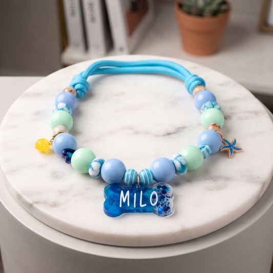 Blue Mint Personalized Beaded Dog Collar, Glitter Bone Tag (Custom Name & Phone)