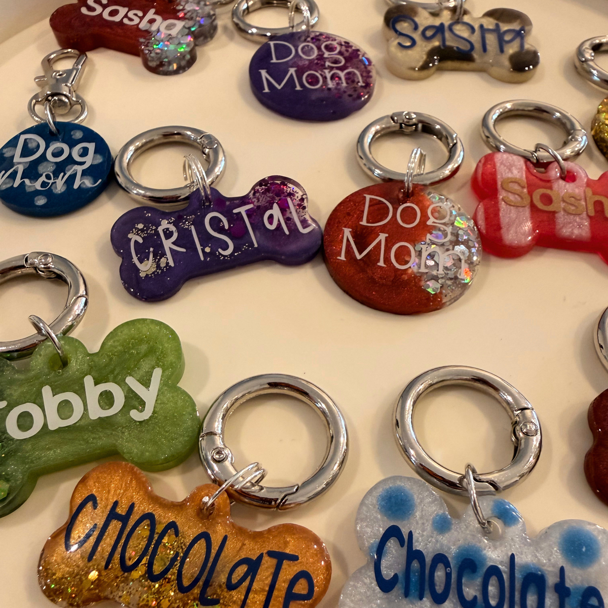 Dog Tag And Keychain Set, Matching Pet Owner Resin Bundle, Glitter Marble Duo