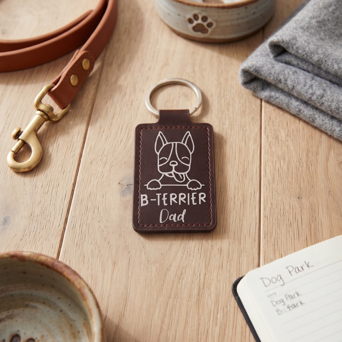 Boston Terrier Keychain Personalized – Custom Pet Name Faux Leather Tag
