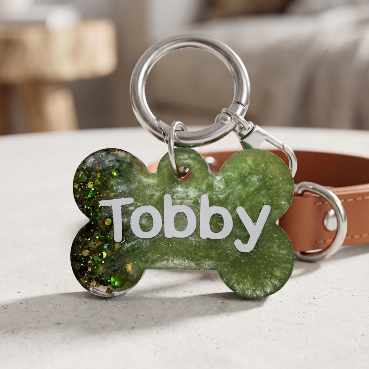 Personalized Glitter Marble Resin Dog Tag, Custom Pet Name Collar Charm (Double-Sided)