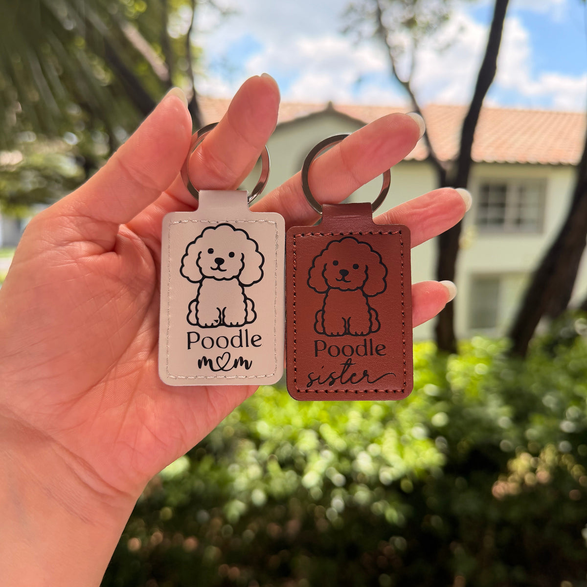 Poodle Keychain Personalized, Custom Pet Name Faux Leather Tag, Two Sided Accessory