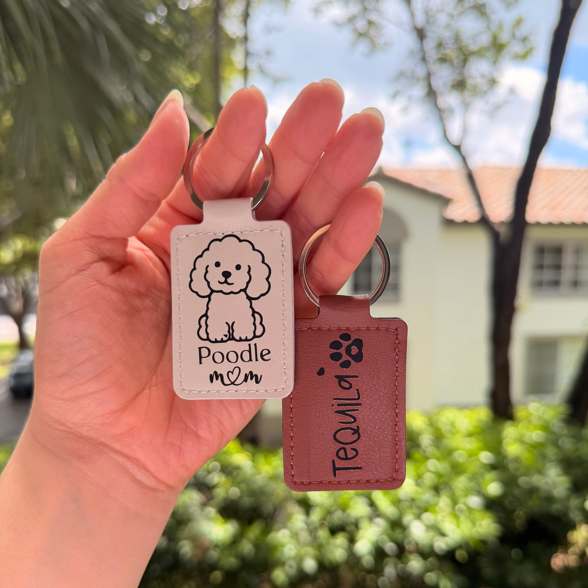 Poodle Keychain Personalized, Custom Pet Name Faux Leather Tag, Two Sided Accessory